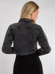 Cross Embroidered Cropped Denim Jacket