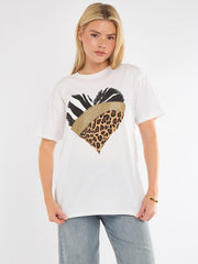 Half Leopard Heart Graphic Printed T-Shirt