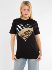 Half Leopard Heart Graphic Printed T-Shirt