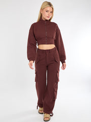 Cropped Zip Up Sweatshirt & Cargo Trouser Tracksuit