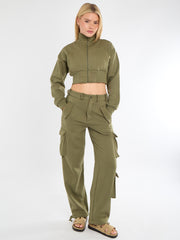 Cropped Zip Up Sweatshirt & Cargo Trouser Tracksuit