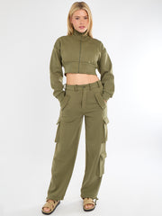 Cropped Zip Up Sweatshirt & Cargo Trouser Tracksuit