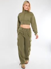 Cropped Zip Up Sweatshirt & Cargo Trouser Tracksuit