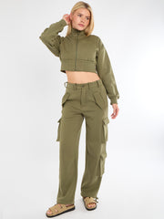 Cropped Zip Up Sweatshirt & Cargo Trouser Tracksuit
