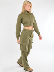 Cropped Zip Up Sweatshirt & Cargo Trouser Tracksuit