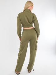 Cropped Zip Up Sweatshirt & Cargo Trouser Tracksuit