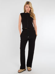 Ribbed Front Button Detail Sleevles Top & Wide Leg Trouser Co-ord