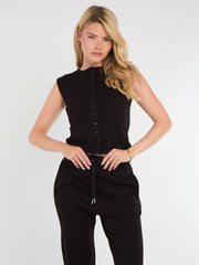Ribbed Front Button Detail Sleevles Top & Wide Leg Trouser Co-ord