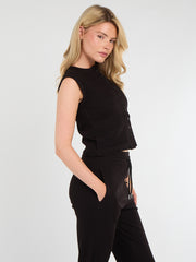 Ribbed Front Button Detail Sleevles Top & Wide Leg Trouser Co-ord