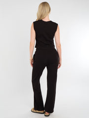 Ribbed Front Button Detail Sleevles Top & Wide Leg Trouser Co-ord