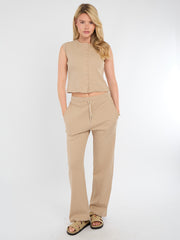 Ribbed Front Button Detail Sleevles Top & Wide Leg Trouser Co-ord