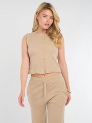 Ribbed Front Button Detail Sleevles Top & Wide Leg Trouser Co-ord