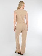 Ribbed Front Button Detail Sleevles Top & Wide Leg Trouser Co-ord