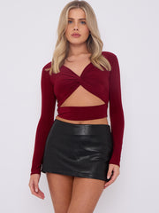 Long Sleeves Twist Knot Cut Out Crop Top