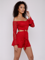 Lace Off-Shoulder Playsuit With Drape Detail