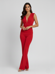 Padded Shoulder Plunge Neck Jumpsuit