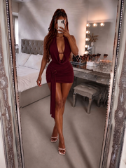 Ring Detail Draped Cowl Neck Ruched Mini Dress
