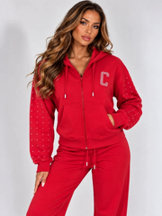 Diamanté Plain Zip Hoodie & Trouser Co-Ord Set