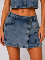 Wrap-Front Denim Skort With Concealed Shorts