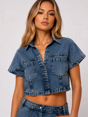 Collar Cropped Button-Up Denim Shirt