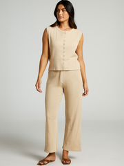 Ribbed Front Button Detail Sleevles Top & Wide Leg Trouser Co-ord
