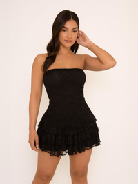 Lace Bandeau Frill Mini Dress - Black