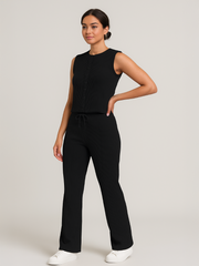 Ribbed Front Button Detail Sleevles Top & Wide Leg Trouser Co-ord