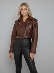 Faux Leather Cropped Biker Jacket With Belt