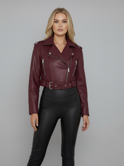 Faux Leather Cropped Biker Jacket With Belt
