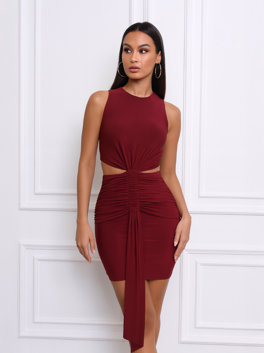 slinky jersey ruched cut out mini dress in ruby Shyla Slinky Jersey Ruched Cut Out Mini Dress in Black