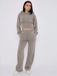 Acid Wash High Waist Hoodie & Jogger Tracksuit - Dove Grey