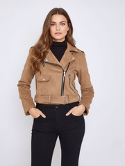 Faux Suede Cropped Biker Jacket With Belt