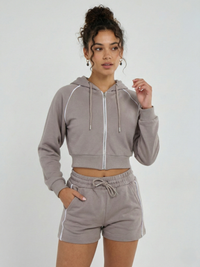 Piping Detail Hoodie & Shorts Co-ord - Dove Grey