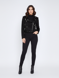 Faux Wildleder Cropped Biker Jacke mit Gürtel - Black