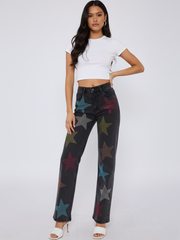 Diamante Star Studded Front Straight Leg Denim Jeans