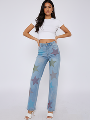 Diamante Star Studded Front Straight Leg Denim Jeans