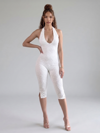 Halter Neck Lace Capri Jumpsuit - White