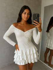 Off Shoulder Satin Frill Mini Dress