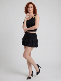 Flower Buckle Detail Top & Frill Detail Skorts Co-ord - Black