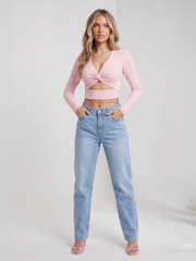 Lange mouwen draai knoop knoop uit sneed crop top