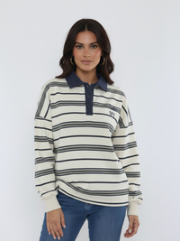 Soho NY Embroidered  Rugby Collar Sweatshirt - Navy