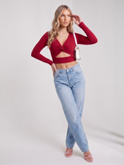 Lange mouwen draai knoop knoop uit sneed crop top