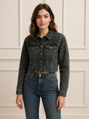 Diamante Studded Cropped Denim Jacket