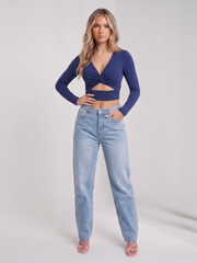 Lange mouwen draai knoop knoop uit sneed crop top