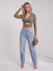 Lange mouwen draai knoop knoop uit sneed crop top