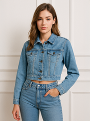 Diamante Studded Cropped Denim Jacket