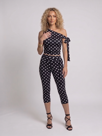 Polka Dot Tie Drop Shoulder Top and 3/4 Legging Co-ord - Black