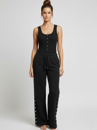 Button Detail Ribbed Bodysuit & Fleece Jogger Set - Black