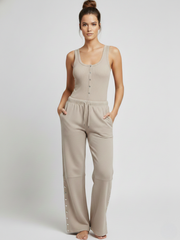 Button Detail Ribbed Bodysuit & Fleece Jogger Set