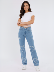Embroidery Star Straight Leg Denim Jeans
